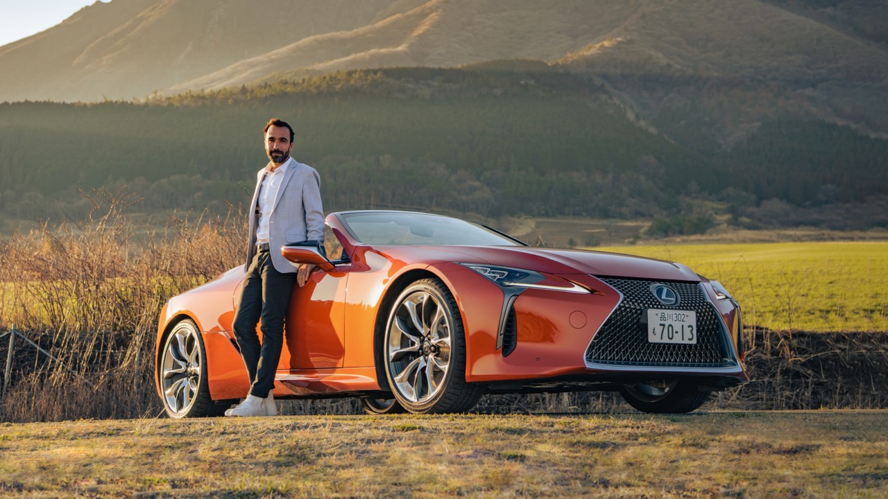 Michelin-star chef, Lionel Beccat, standing next to the Lexus LC Convertible 