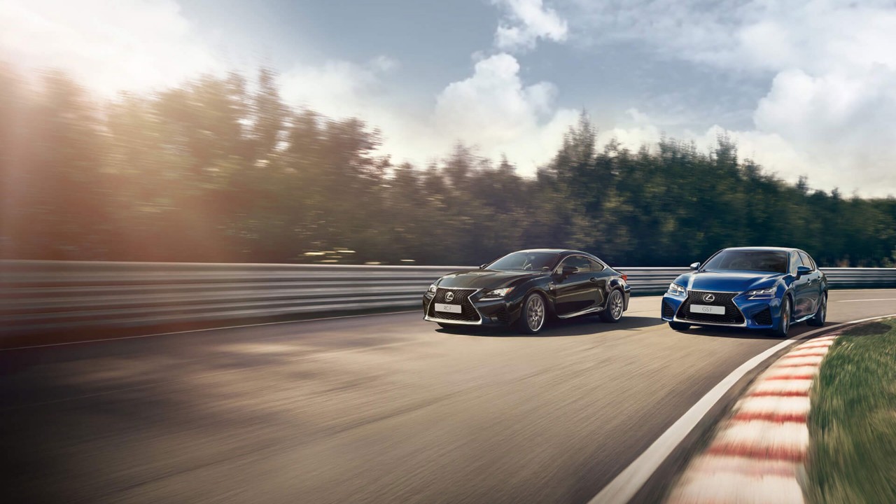 Lexus RC F Sport and Lexus GS F Sport driving on a track 